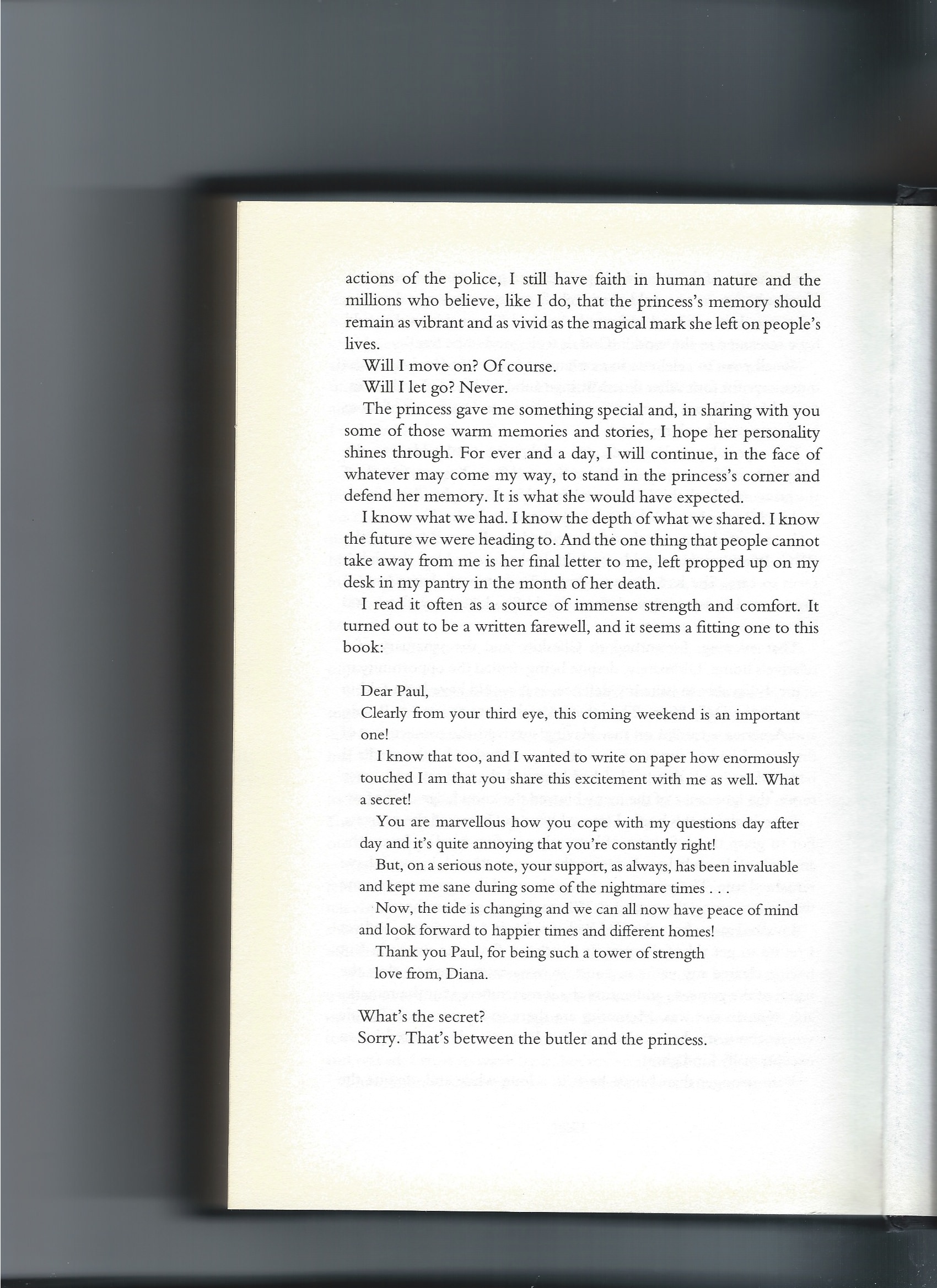 pagina 287 en 455 - Brief (Engels) van prinses aan butler - boek koninklijke dienst pagina 396 - Koninklijk Complot - Het mysterie rond de dood van Diana
